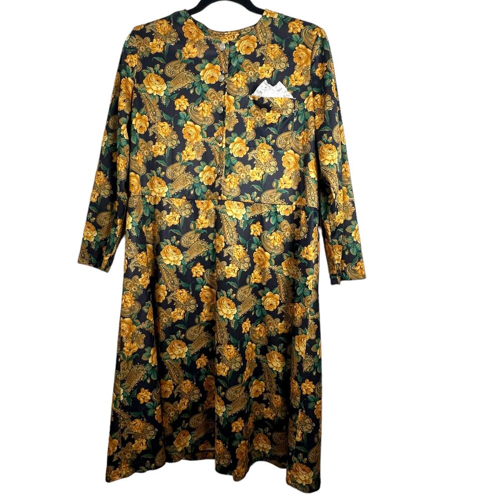 Vintage 1970s Floral Paisley Dress Women’s Large Black Yellow Long Sleeve
